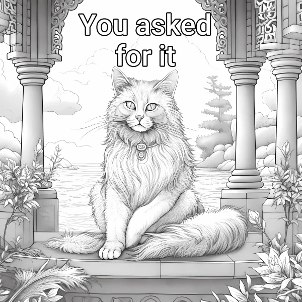 Long-haired cat with pendant sitting on a classical colonnade platform by the water, surrounded by plants — free printable classical architecture coloring book page