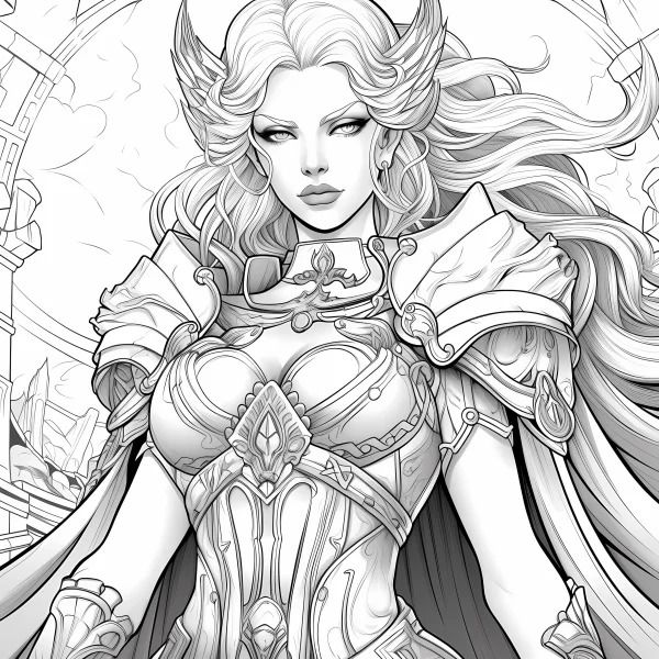 Elegant female warrior with winged headpiece and intricate armor, fantasy realism style — free printable warrior coloring book page
