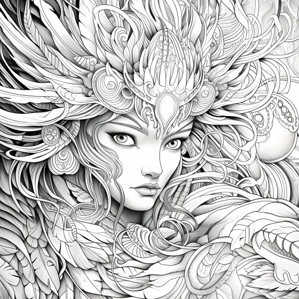 Elegant elf woman with elaborate feather headdress, fantasy decorative art style — free printable elves coloring book page