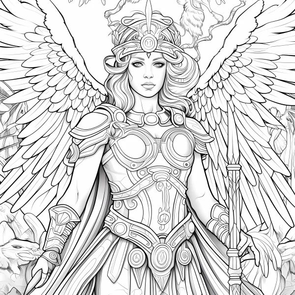 Armored angel warrior with large detailed wings, fantasy style — free printable angel coloring book page