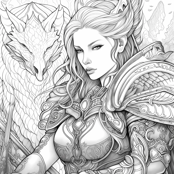 Female warrior with a dragon behind her, fantasy style — free printable warrior coloring book page