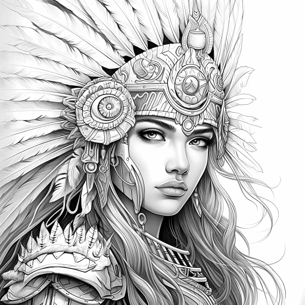 Indigenous style female warrior, realistic sketch and tribal style — free printable indigenous coloring book page