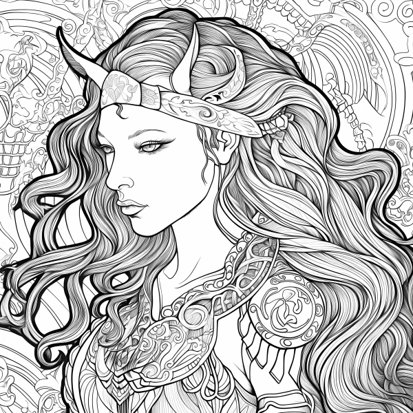 Nordic female warrior with horned headpiece and intricate decorative armor, norse cultural totem patterns — free printable nordic coloring book page