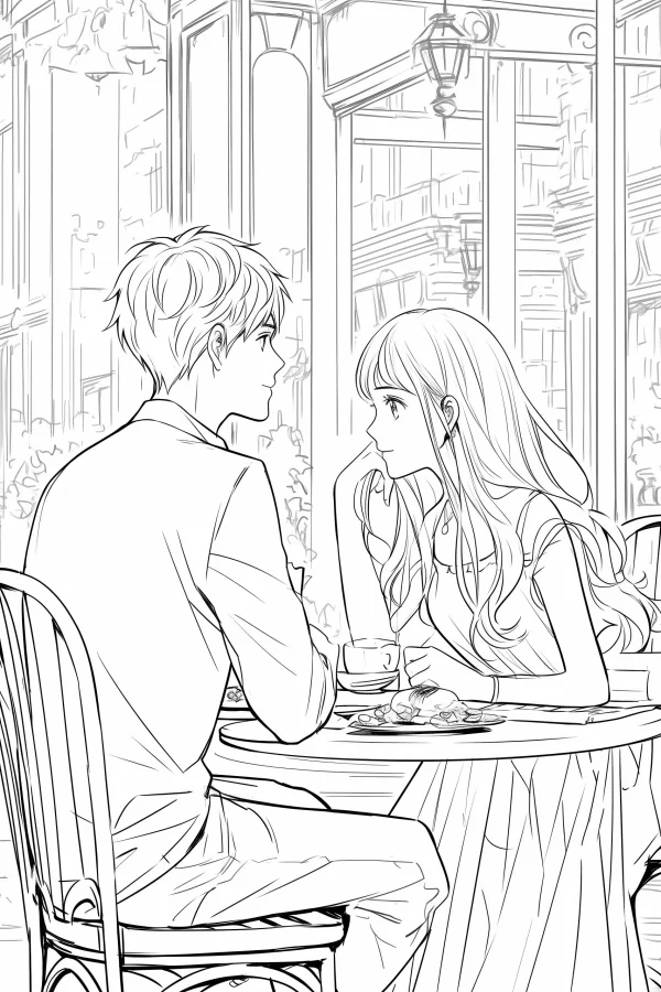 Coloring book page, young couple on a date at an outdoor urban café — free printable urban life coloring book page