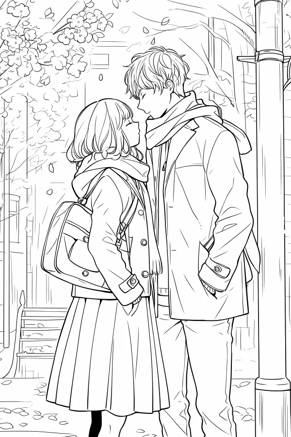 Young couple on autumn street, anime style — free printable youth coloring book page