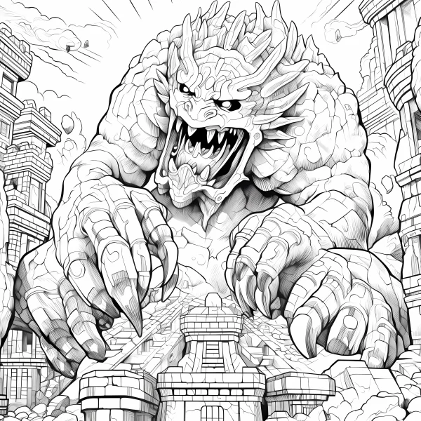 Giant rock monster, fantasy cartoon style — free printable ancient architecture coloring book page