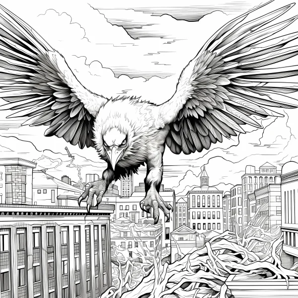 Soaring vulture spread wings over ruined city, realistic style — free printable apocalypse coloring book page