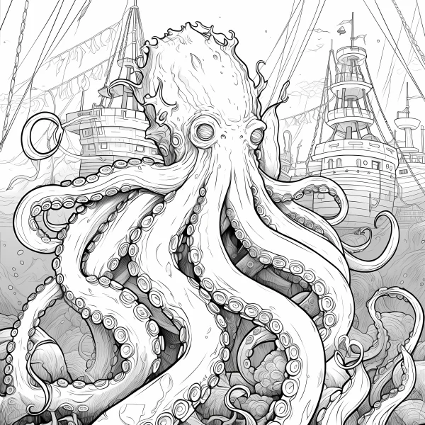 Giant octopus sea monster with sailing ships in the ocean, fantasy illustration style — free printable sailing coloring book page