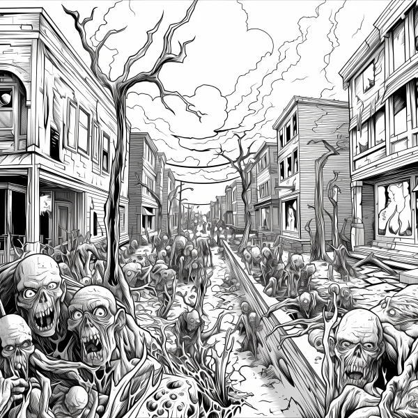 Horde of zombies in ruined city street, horror dark style — free printable apocalypse coloring book page