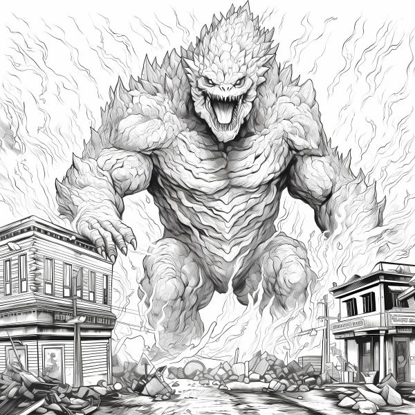 Giant destructive monster, realistic line art style — free printable disaster coloring book page