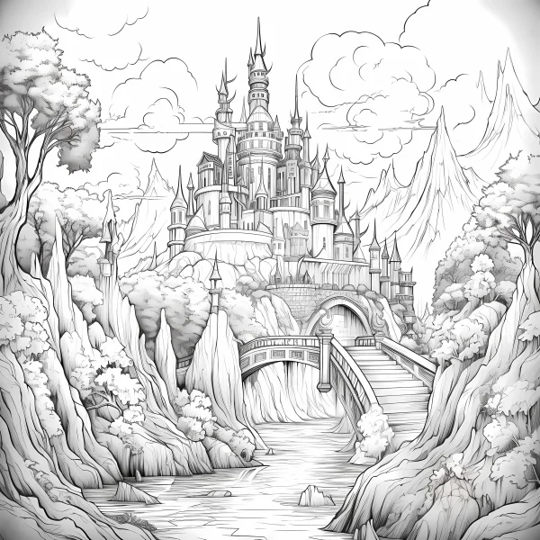 Fairy tale castle in mountain valley, surrounded by river and mountains — free printable castle coloring book page