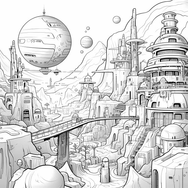 Alien sci-fi futuristic city, sci-fi style — free printable alien scenery coloring book page
