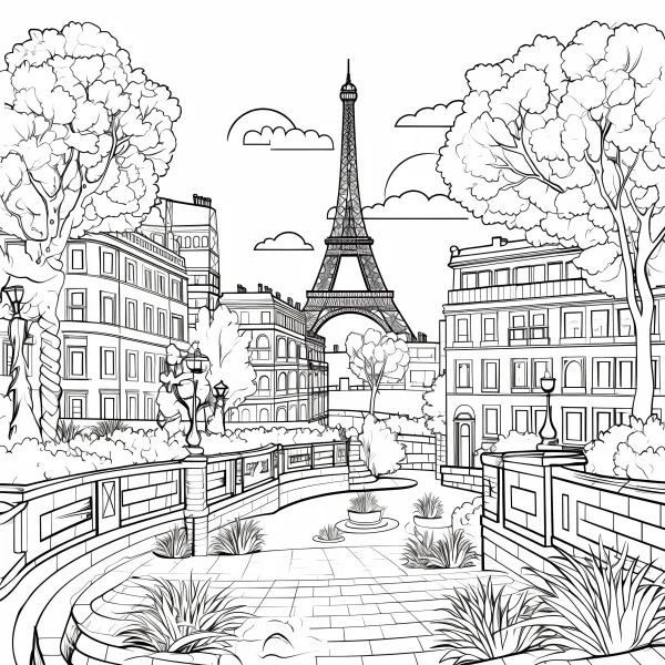 Eiffel tower city street view, european realistic line art style — free printable cityscape coloring book page