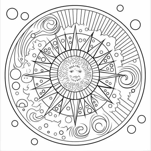 Mandala with face sun, abstract symmetric patterns — free printable mystery coloring book page