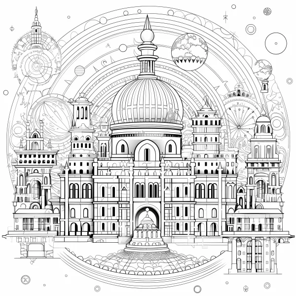 Steampunk style floating castle with domes and multiple towers, intricate fantasy architecture surrounded by celestial planet patterns and gear motifs — free printable steampunk coloring book page