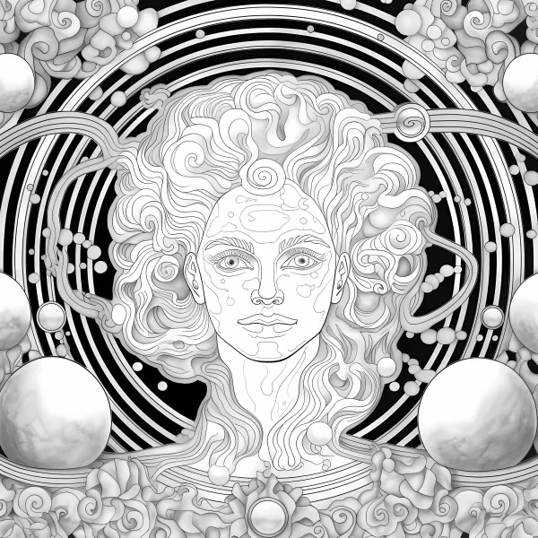 Fantasy curly-haired woman, abstract surreal style — free printable universe coloring book page