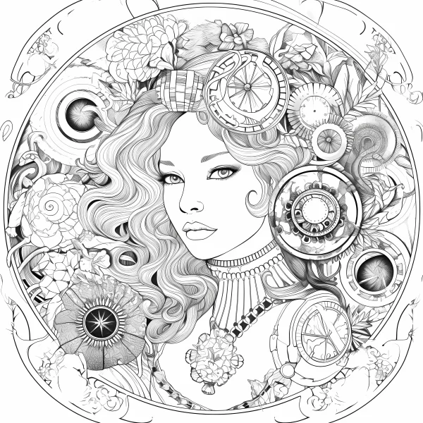 Steampunk-style curly-haired woman, steampunk and art nouveau style — free printable steampunk coloring book page
