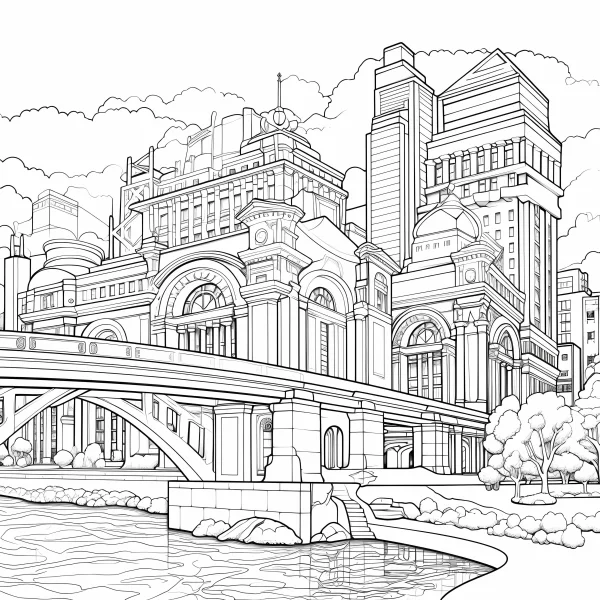 Coloring book page, vintage urban building complex with river-crossing bridge — free printable urban architecture coloring book page