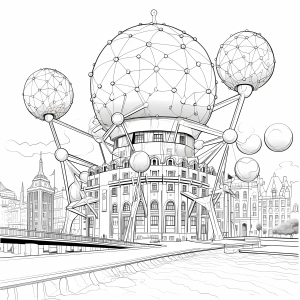 Coloring book page, futuristic spherical sci-fi building — free printable urban architecture coloring book page