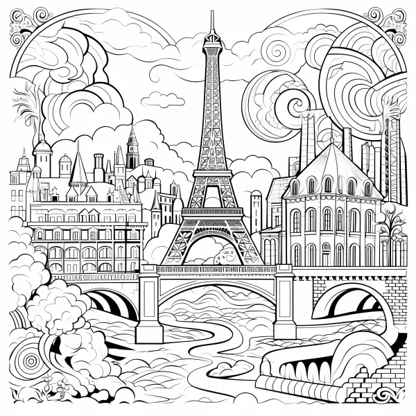Eiffel tower with european-style city buildings, european realistic style — free printable urban architecture coloring book page
