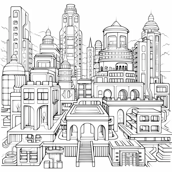 Futuristic city buildings complex, sci-fi modern style — free printable future city coloring book page