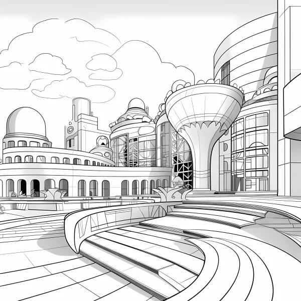 Futuristic architecture complex, cartoon sci-fi style — free printable future city coloring book page