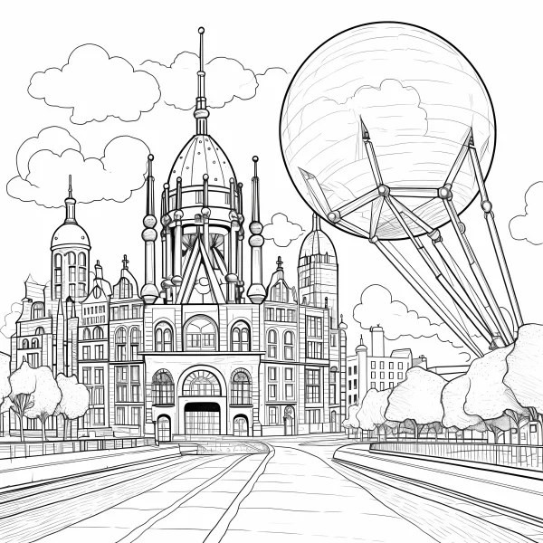 Retro city buildings with a large floating sphere, steampunk retro art style — free printable steampunk coloring book page
