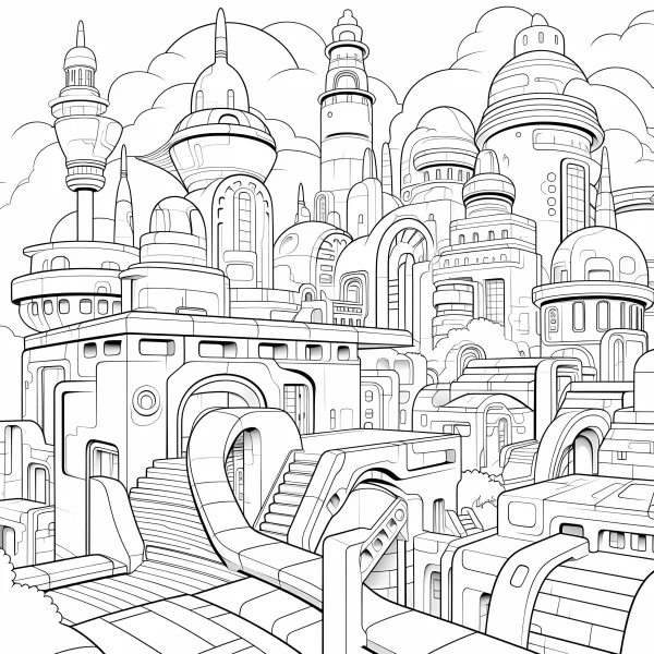 Futuristic sci-fi city architecture complex, sci-fi illustration style — free printable future city coloring book page