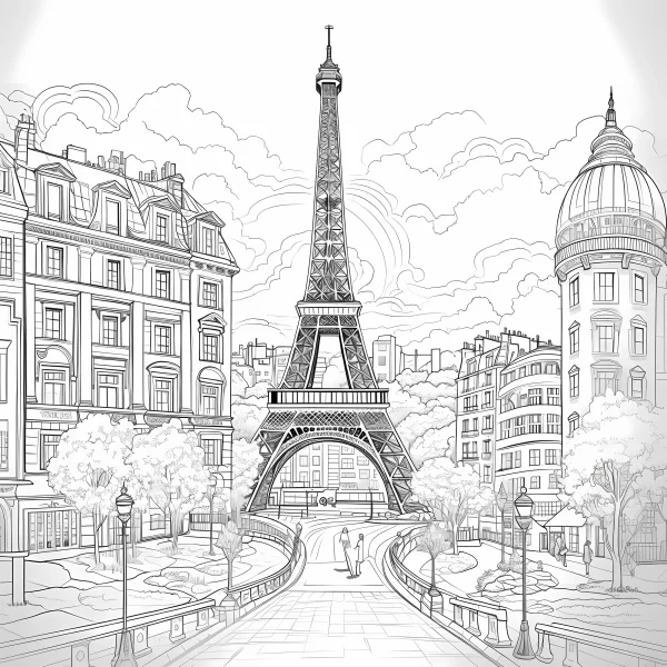 Eiffel tower and paris street scene, european realistic style — free printable city scenery coloring book page