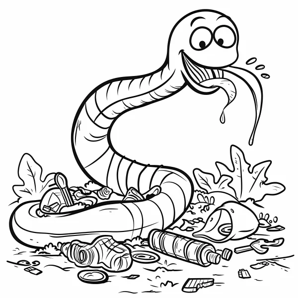 Cartoon snake with big eyes and sticking out tongue, surrounded by scrap tools — free printable childlike coloring book page