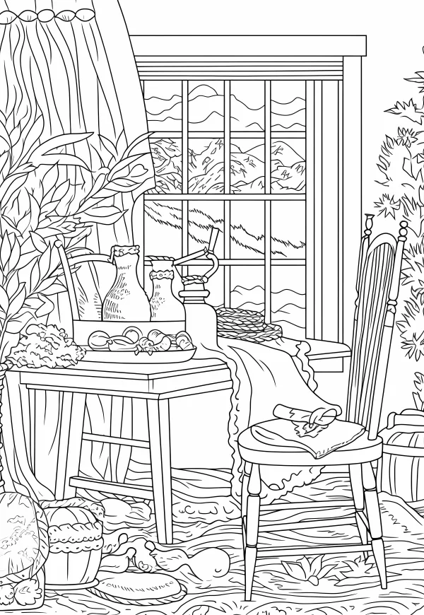 Cozy indoor home scene by the window, realistic line art style — free printable home life coloring book page