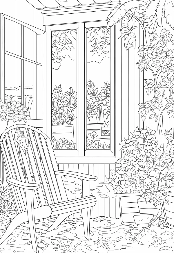 Patio lounge chair with floral plants, realistic line art style — free printable leisure life coloring book page