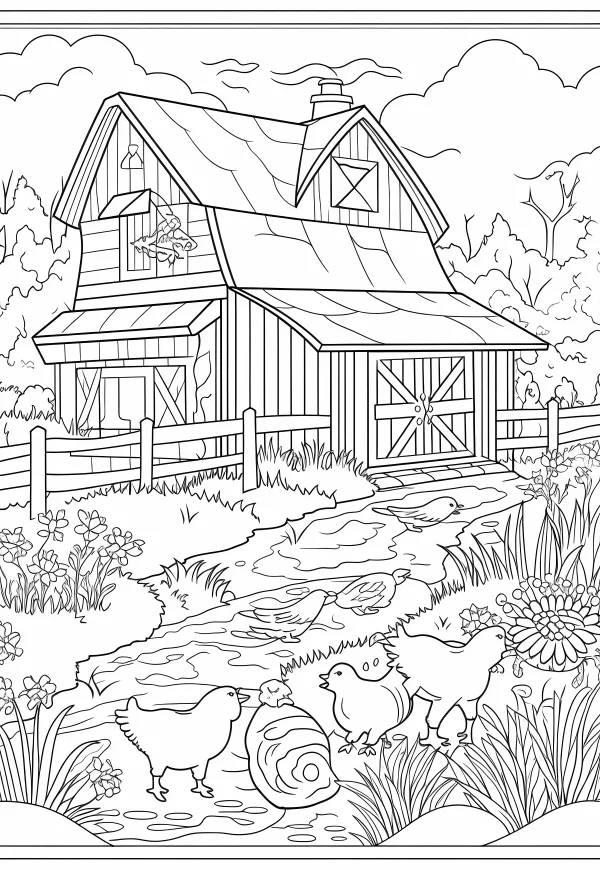 Farm house with a group of chicks and a hatching egg, pastoral cartoon style — free printable farm life coloring book page