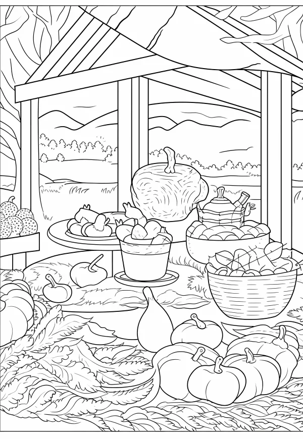 Thanksgiving harvest scene under a wooden shed, featuring roasted turkey — free printable thanksgiving coloring book page