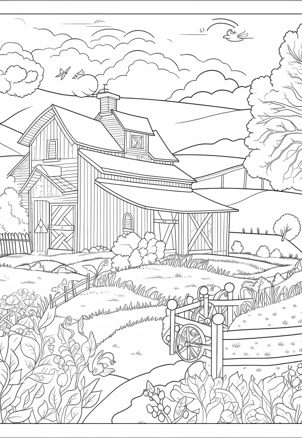 Countryside farm wooden house, realistic line art style — free printable farm coloring book page