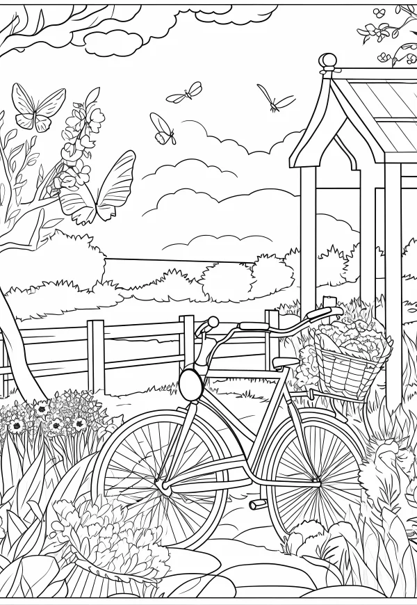 Bicycle with flower basket in a spring garden, line art illustration style — free printable spring coloring book page