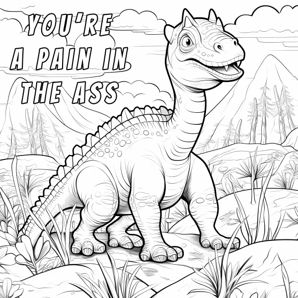 Playful dinosaur, cartoon style — free printable parody coloring book page