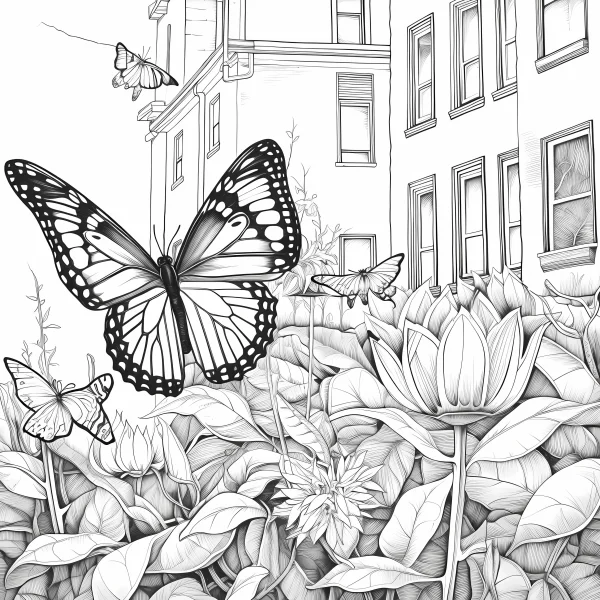 Large monarch butterfly among flowers and leaves with urban buildings in background, realistic line art style — free printable city life coloring book page