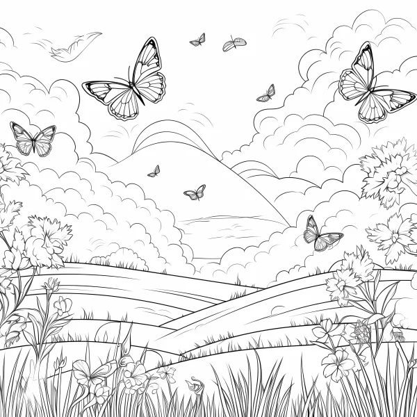 Natural field scene with butterflies and birds, sketch style — free printable insects coloring book page