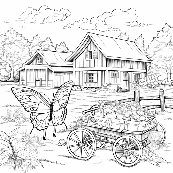 Farm house with butterfly and flower cart, realistic illustration style — free printable farm coloring book page