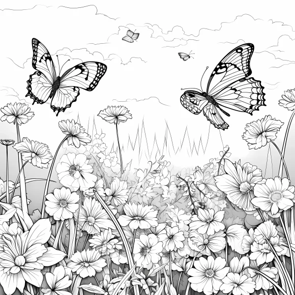 Butterflies flying over a field of various flowers, fine clean organic outlines — free printable insects coloring book page