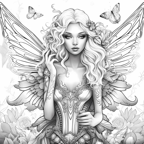 Gorgeous fairy with curly hair and intricate detailed wings, fantasy style — free printable insects coloring book page