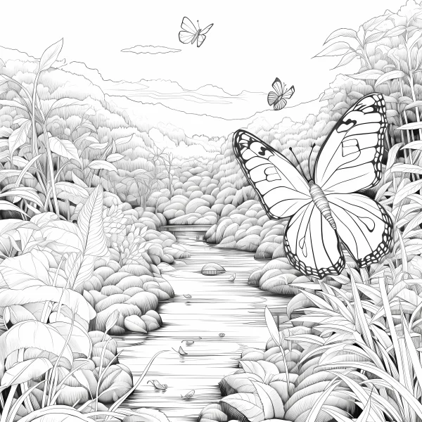 Large butterfly by a stream in a lush natural landscape, realistic line art style — free printable insects coloring book page