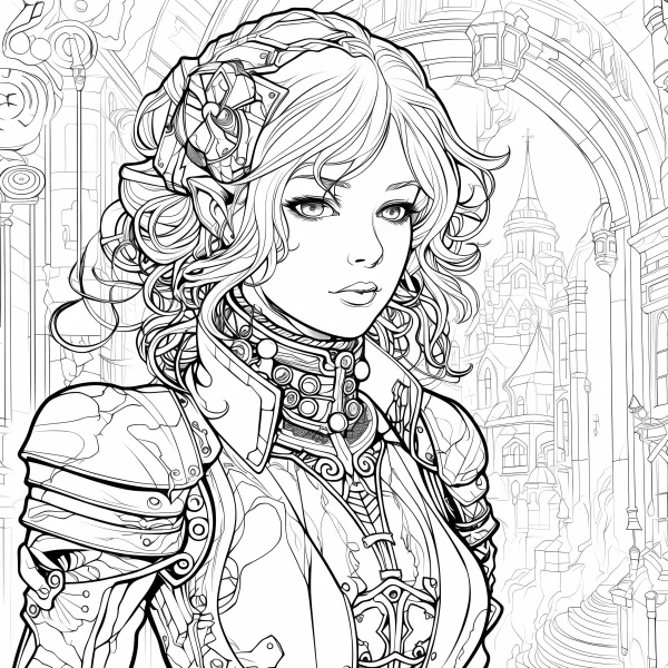 Steampunk style female character, curly hair with mechanical hair accessory — free printable steampunk coloring book page