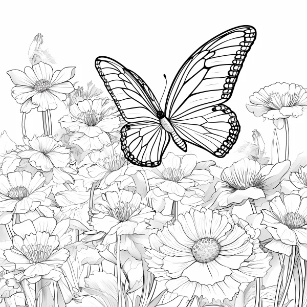 Monarch butterfly surrounded by various flowers, sketch style — free printable insects coloring book page