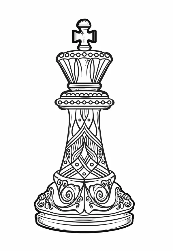 Ornate chess king piece, decorative art style — free printable chess coloring book page