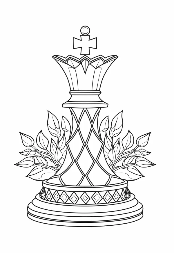 Coloring book page, decorative chess king piece with leaf and vine accents — free printable items coloring book page