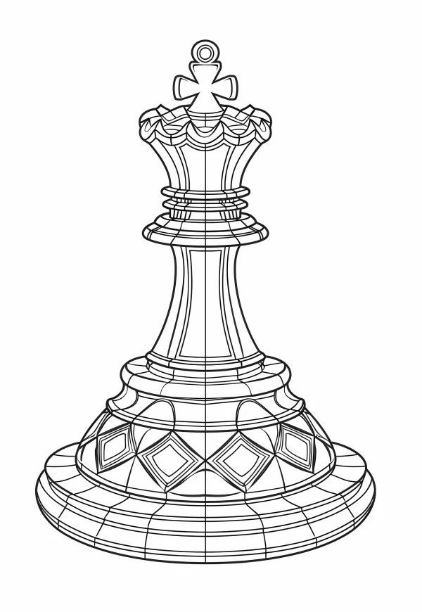 Chess king piece, realistic line art style — free printable chess coloring book page
