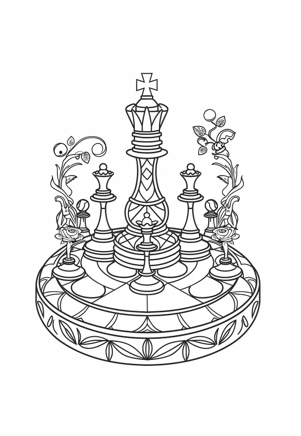 Coloring book page, decorated chess pieces including king — free printable board games coloring book page