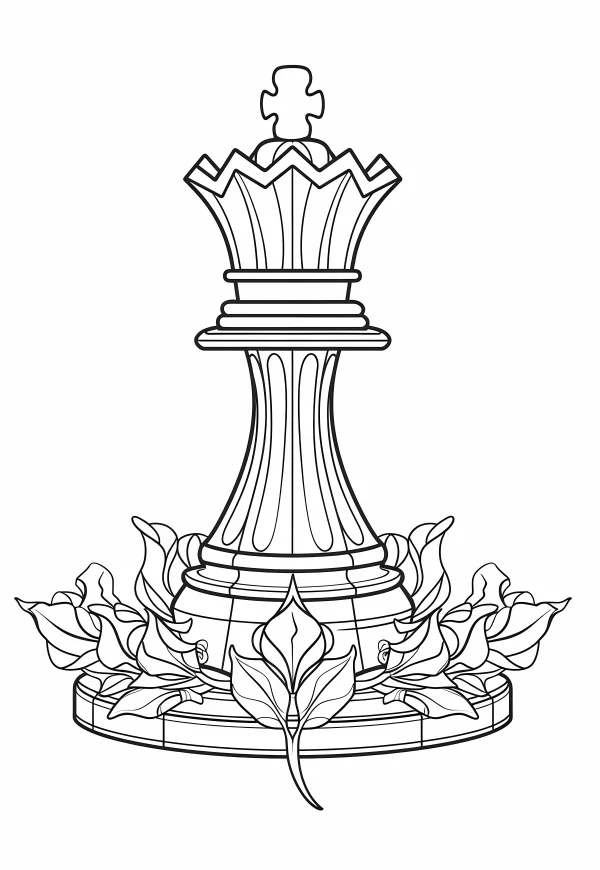 Decorative chess king piece surrounded by leaves, sketch style — free printable board games coloring book page